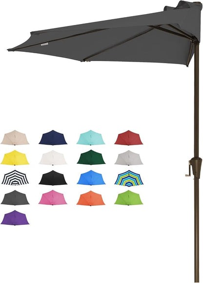 JEAREY 9ft Half Umbrella Outdoor Patio Umbrella Market Umbrellas with Crank, 1/2 Round Wall Umbrella 5 Sturdy Ribs UV Protection for Pool Garden Balcony Deck, Gray