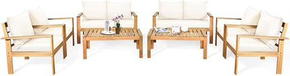Tangkula Outdoor 8-Piece Acacia Wood Chat Set, 8 Seater Acacia Wood Conversation Sofa and Table Set with Water Resistant Cushions, Teak Finished (2, White)