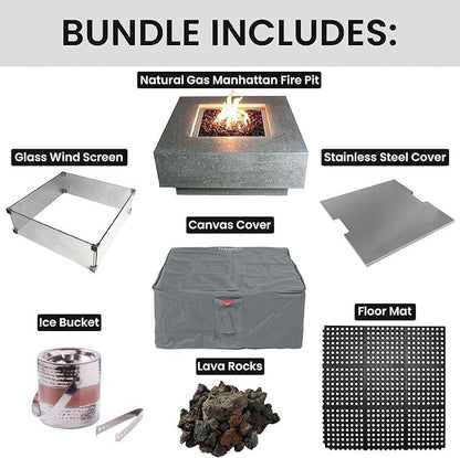 Elementi Manhattan Fire Pit Bundle Outdoor Firepit Set Includes 36” Natural Gas Concrete Firepit Table, Glass Windscreen, Stainless Steel Cover, Canvas Cover, Floor Mat, Ice Bucket