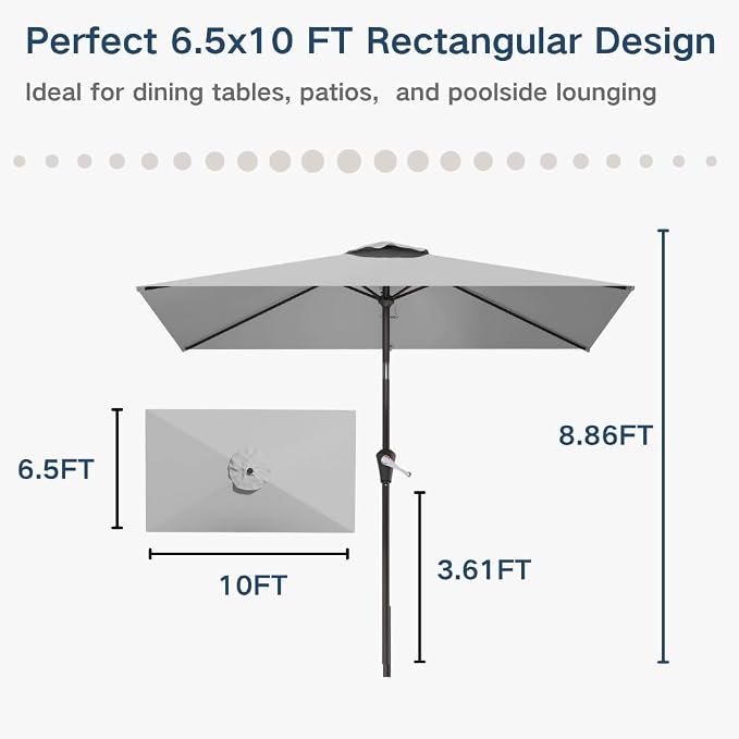 6.5' x 10' Rectangular Patio Umbrella Large Outdoor Market Umbrella w/UV Protection, Push Button Tilt and Crank Lift, Rectangle Table Umbrella for Garden, Deck, Pool, Patio, Light Gray