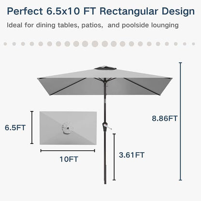 6.5' x 10' Rectangular Patio Umbrella Large Outdoor Market Umbrella w/UV Protection, Push Button Tilt and Crank Lift, Rectangle Table Umbrella for Garden, Deck, Pool, Patio, Light Gray