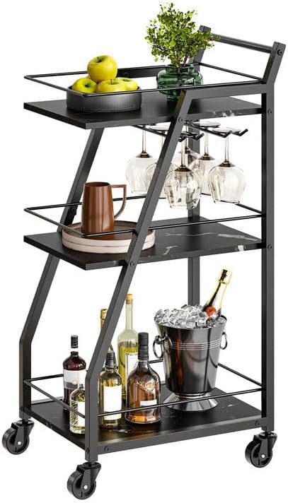 Bar Cart, 3-Tier Home Bar Serving Cart with Wheels, Drink Cart with Glass Holder, Beverage Cart, Rolling Kitchen Cart, for Home, Living Room, Marble Black and Black BC03BM