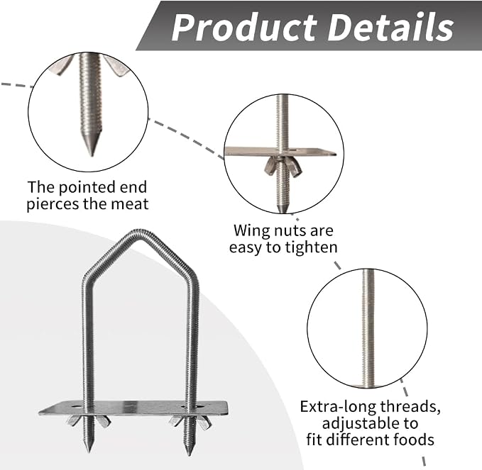Angled Top Fully Threaded Rotisserie Forks, 5.9 Inches Stainless Steel Pig Spine Trussing Parts, Tapered Prongs for Easy Insertion, Universal Spit Rod Fit, 2 Pack for BBQ Pig, Hog & Lamb
