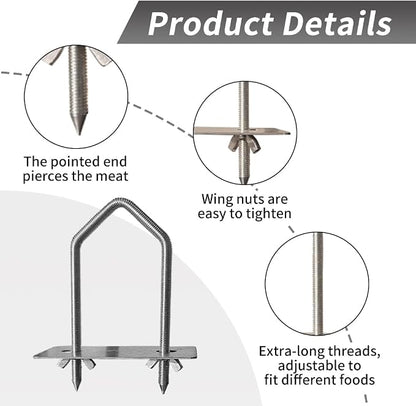 Angled Top Fully Threaded Rotisserie Forks, 5.9 Inches Stainless Steel Pig Spine Trussing Parts, Tapered Prongs for Easy Insertion, Universal Spit Rod Fit, 2 Pack for BBQ Pig, Hog & Lamb
