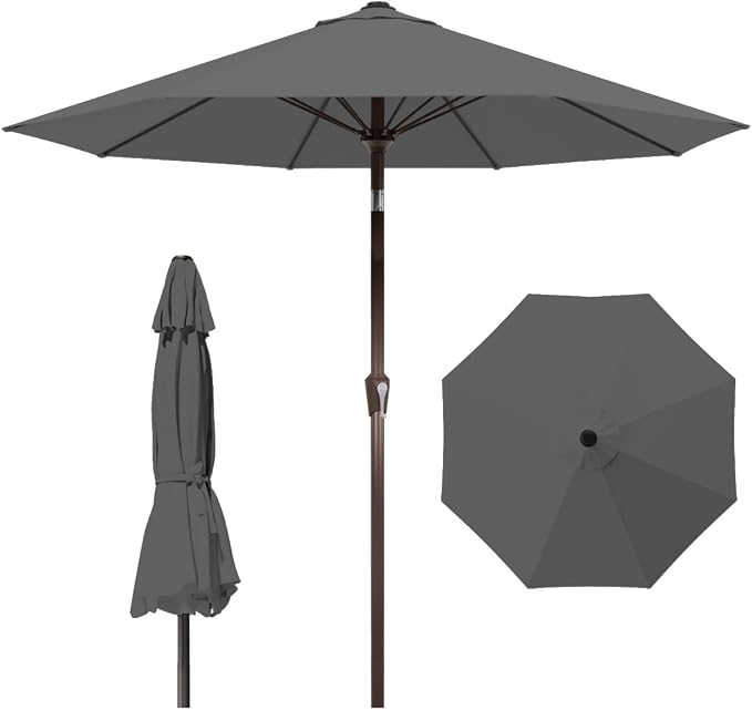 10FT Patio Umbrella Outdoor Market Umbrella with Crank and Tilt, 8 Flexible Fiberglass Ribs, UV-Resistant Waterproof Canopy for Patio, Deck, Garden, Backyard, Gray