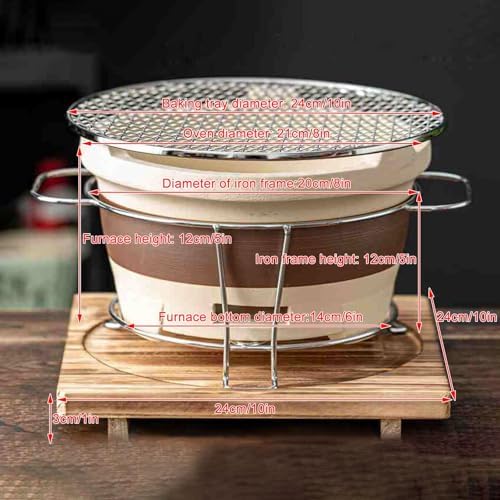Clay Charcoal Stove, Portable Barbecue Stove, Tabletop Clay Stove, Tea Making Charcoal Stove, with Metal Rack, Wooden Base, Metal Grill Pan, Outdoor Charcoal Stove(Small)