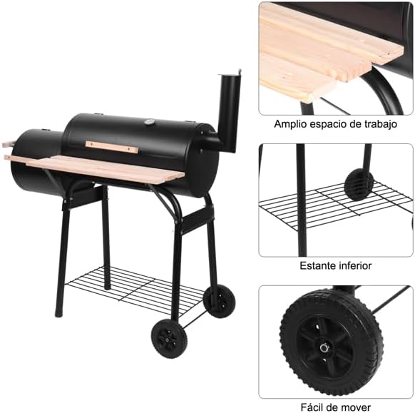44" Barrel Smoker Grill, Oil Drum Charcoal Barbecue Grill, High-Temp Paint (500-600°C), Outdoor Cooking Grills Smoker Combo Heavy Duty, Black Steel Backyard Grilling Equipment for Camping Patio