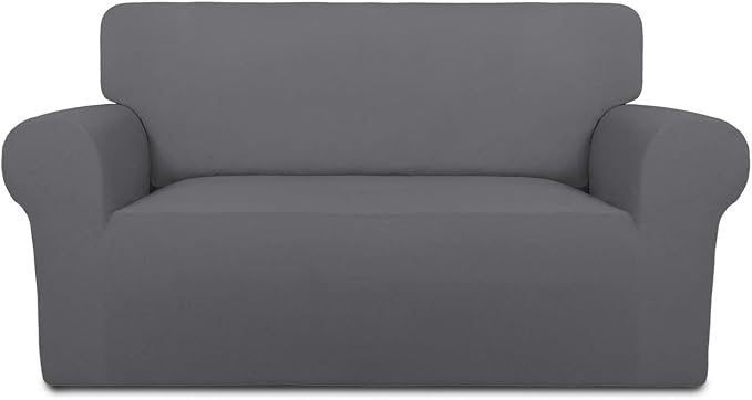 PureFit Stretch Loveseat Covers Fleece Couch Covers for Sofa Gray | 1-Piece Sofa Slipcover Soft Couch Protector, Sofa Cover Washable with Non Skid Foam and Elastic Bottom for Kids, Dogs