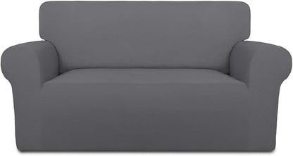 PureFit Stretch Loveseat Covers Fleece Couch Covers for Sofa Gray | 1-Piece Sofa Slipcover Soft Couch Protector, Sofa Cover Washable with Non Skid Foam and Elastic Bottom for Kids, Dogs