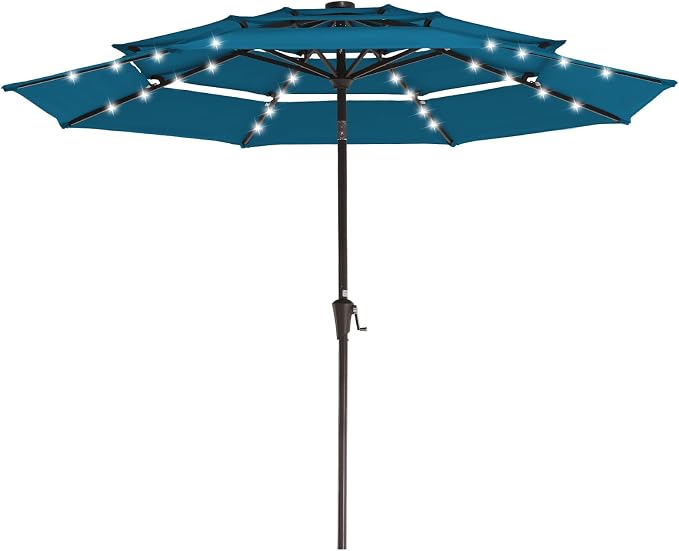 JEAREY 9 ft 3-Tier Outdoor LED Lighted Patio Umbrella w/Crank, Lake Blue | Solar Market Table Umbrella with 8 Sturdy Ribs, UV Protection Waterproof Sunproof for Garden, Deck and Backyard