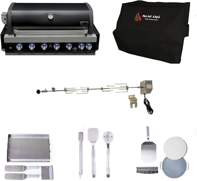 Mont Alpi Black Stainless Steel Outdoor Kitchen Island 44"W 6-Burner Built-in BBQ Grill + Accessories - Flat Top Griddle Hot Plate + Pizza Kit with Cutter & Stone + Spatulas + Tongs + Cleaning Brush