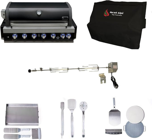 Mont Alpi Black Stainless Steel Outdoor Kitchen Island 44"W 6-Burner Built-in BBQ Grill + Accessories - Flat Top Griddle Hot Plate + Pizza Kit with Cutter & Stone + Spatulas + Tongs + Cleaning Brush