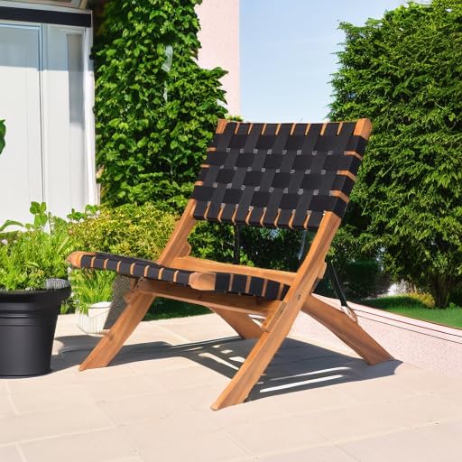 Balkene Home 62774 Sava Indoor Outdoor Folding Chair Low Slung Portable Seating Solid Acacia Wood Woven Seat & Back Indoors Porch Lawn Garden Fishing Sporting - Black Webbing