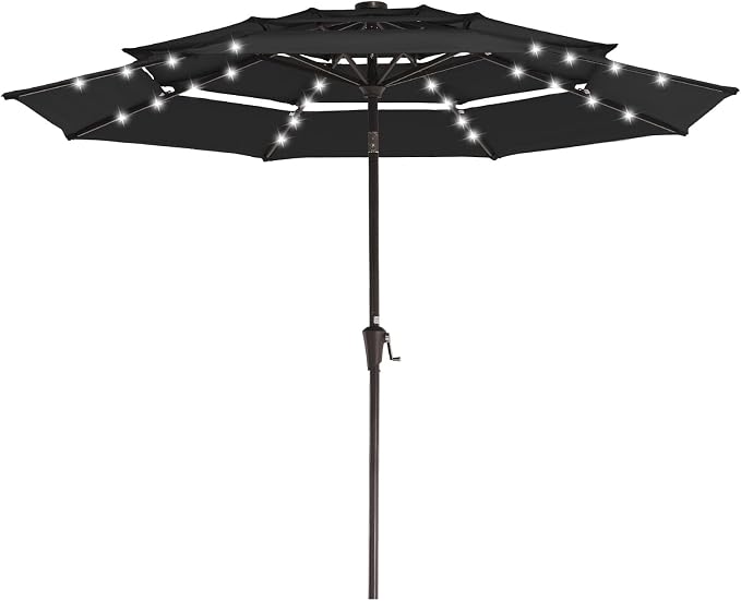JEAREY 9 ft 3-Tier Outdoor LED Lighted Patio Umbrella w/Crank, Black | Solar Market Table Umbrella with 8 Sturdy Ribs, UV Protection Waterproof Sunproof for Garden, Deck and Backyard