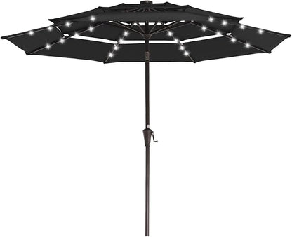 JEAREY 9 ft 3-Tier Outdoor LED Lighted Patio Umbrella w/Crank, Black | Solar Market Table Umbrella with 8 Sturdy Ribs, UV Protection Waterproof Sunproof for Garden, Deck and Backyard