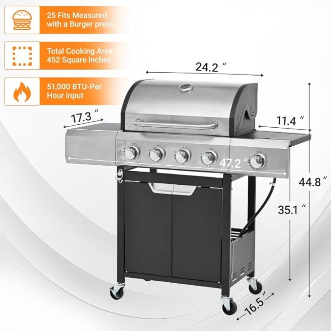 Endark 51,000 BTU 4-Burner Propane Gas Grill with Side Burner – Upgraded BBQ for Camping, Outdoor Cooking & Gatherings