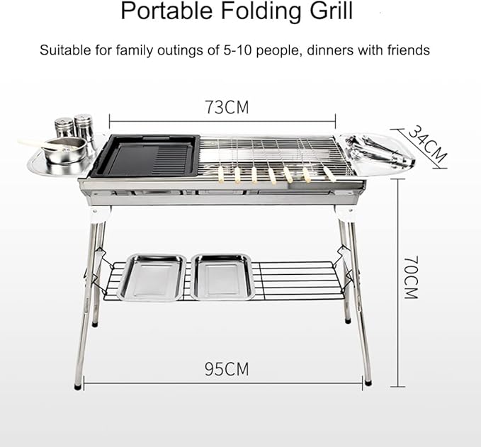 Portable Barbecue Grill, Foldable Stainless Steel Charcoal BBQ, Kebab Grill for Picnic, Backyard, Garden Barbecue, suitbale for 5-15 People (Silver 73 * 34 * 70cm)