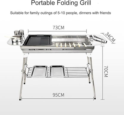 Portable Barbecue Grill, Foldable Stainless Steel Charcoal BBQ, Kebab Grill for Picnic, Backyard, Garden Barbecue, suitbale for 5-15 People (Silver 73 * 34 * 70cm)