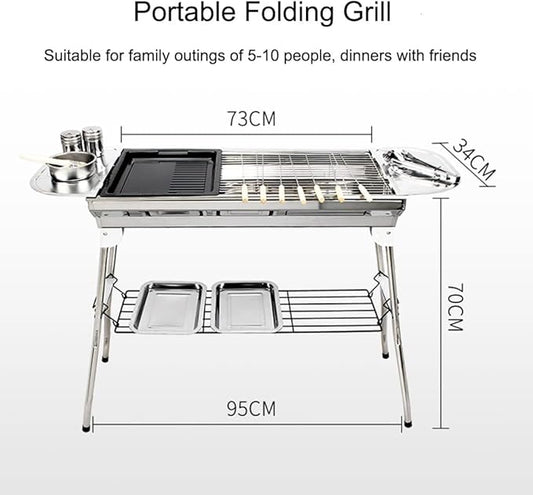 Portable Barbecue Grill, Foldable Stainless Steel Charcoal BBQ, Kebab Grill for Picnic, Backyard, Garden Barbecue, suitbale for 5-15 People (Silver 73 * 34 * 70cm)