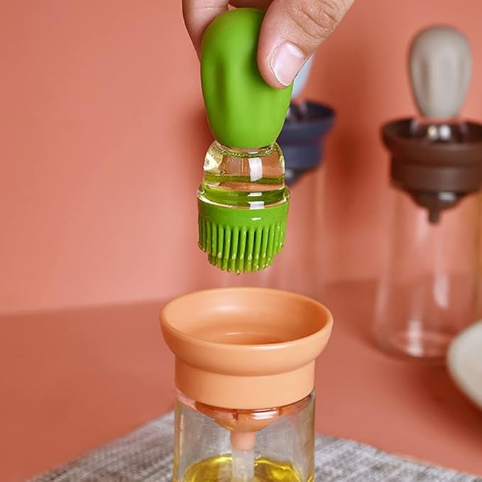 Oil Dispenser with Brush - Glass Olive Oil Dispenser for Cooking, 2 IN 1 Oil Dispensing Bottle for Kitchen with Silicone Basting Brush for Vinegar Sauce BBQ Grill Frying, T-OB21, Blue