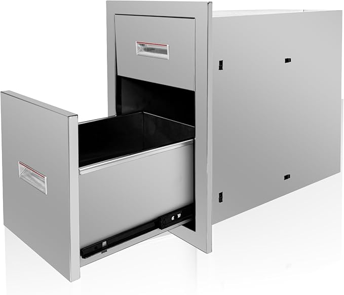 Outdoor Kitchen Double Layer Drawer 13'' W x 20.4'' H x 21'' D Flush Mount BBQ Access Drawers Stainless Steel BBQ Island Drawers with Handle Suitable for Outdoor Kitchen Island Grill Station