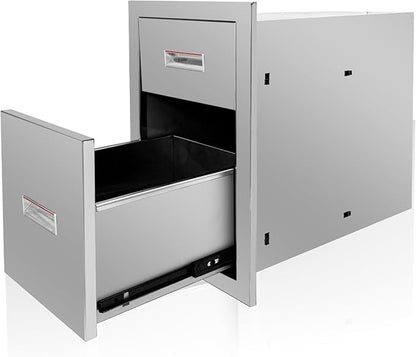 Outdoor Kitchen Double Layer Drawer 13'' W x 20.4'' H x 21'' D Flush Mount BBQ Access Drawers Stainless Steel BBQ Island Drawers with Handle Suitable for Outdoor Kitchen Island Grill Station