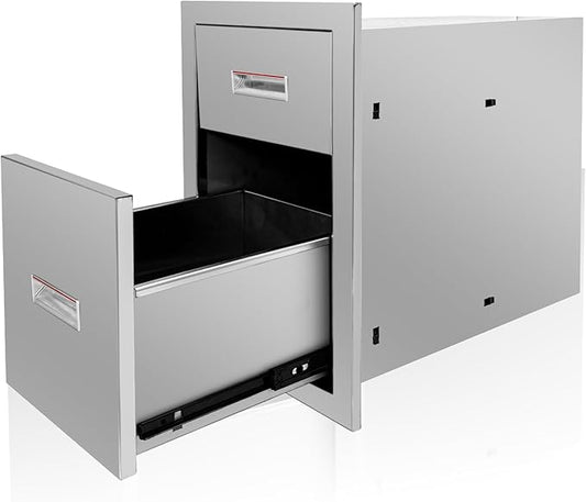 Outdoor Kitchen Double Layer Drawer 13'' W x 20.4'' H x 21'' D Flush Mount BBQ Access Drawers Stainless Steel BBQ Island Drawers with Handle Suitable for Outdoor Kitchen Island Grill Station