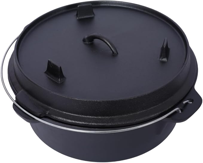 Hibachi Grill Outdoor, Homonova 2 in 1 Pre-Seasoned Cast Iron Dutch Oven with Skillet Lid, Portable Charcoal BBQ for Outdoor Cooking, Camping Fireplace Deep Pot with Leg Base (12 Quart)