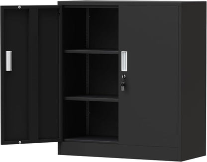 Metal Storage Cabinet with Locking Doors and 2 Adjustable Shelves, Small Lockable Steel Storage Cabinets for Home Office Garage Kitchen Pantry (Black)