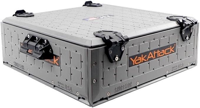 YakAttack ShortStak Solo Storage Box - Size & Color Options | Standalone Low-Profile Crate with Lid, Hinges & Latches | GridLoc Mounting Panels | Slider Feet for Under-Seat Use | Made in USA