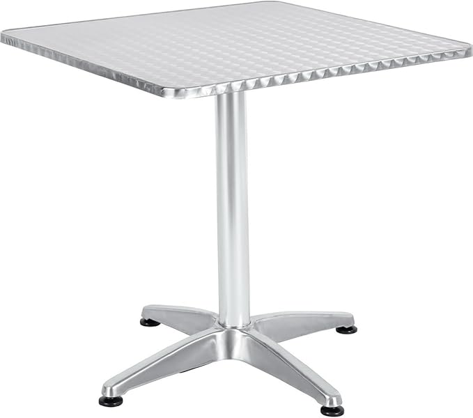 BTEXPERT Gray Lightweight Indoor Outdoor 23.75" Restaurant Stainless Steel Silver Metal Aluminum Slat Stack Commercial, 4 Chairs with a Square Table