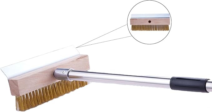 Pizza Oven Brush with Scraper, 57-Inch Long Handle | Aluminum head, stainless steel scraper, 4-section detachable handle for pizza ovens, grill grates, and oven racks.