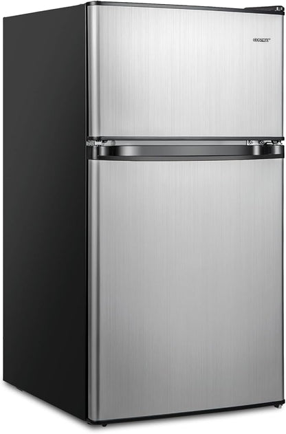COSTWAY Compact Refrigerator, 3.2 Cu.Ft. Fridge Freezer Compartment with Reversible 2 Door, Adjustable Thermostat, Removable Glass Shelves, Mini Refrigerator for Bedroom Dorm Apartment, Silver