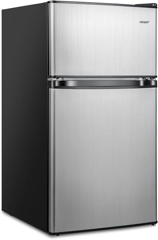 COSTWAY Compact Refrigerator, 3.2 Cu.Ft. Fridge Freezer Compartment with Reversible 2 Door, Adjustable Thermostat, Removable Glass Shelves, Mini Refrigerator for Bedroom Dorm Apartment, Silver