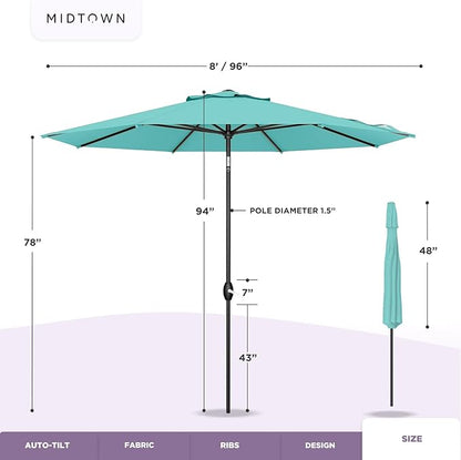 Midtown Umbrellas 10-Year-No-Fade - 8 Ft - UV Proof Black/White Stripes Fabric - Umbrella Outdoor Patio, Auto-Tilt Aluminum Frame Patio Umbrella for Garden, Pool & Deck - Black Pole