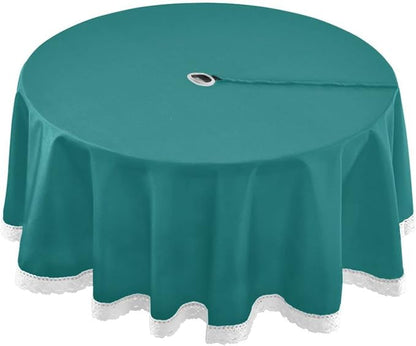 Teal Green Solid Color Round Tablecloth 60" Waterproof Spillproof Polyester Fabric Table Cover with Zipper Umbrella Hole for Outdoor Patio Garden Dining Party