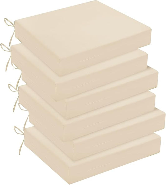 downluxe Outdoor Chair Cushions Set of 6 for Patio Furniture, Water-Resistant Square Corner Patio Chair Cushions with Ties, High Density Foam Outdoor Seat Cushion, 18.5" X 16" X 3", Beige