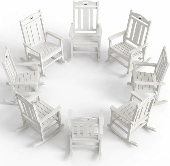 Ciokea Oversized Outdoor Rocking Chairs Set of 8, 380lbs Heavy-Duty Large Patio Rocker, High Back Cozy Porch Chairs, Weather Resistant Patio Rocking Chairs for Outside, Fire Pit, Deck, White