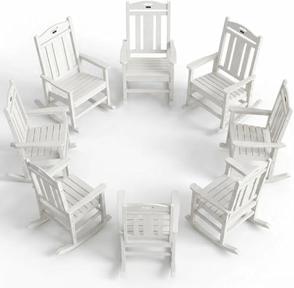 Ciokea Oversized Outdoor Rocking Chairs Set of 8, 380lbs Heavy-Duty Large Patio Rocker, High Back Cozy Porch Chairs, Weather Resistant Patio Rocking Chairs for Outside, Fire Pit, Deck, White
