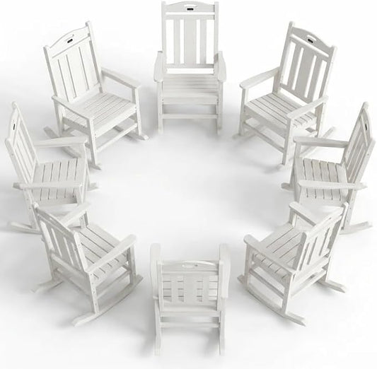 Ciokea Oversized Outdoor Rocking Chairs Set of 8, 380lbs Heavy-Duty Large Patio Rocker, High Back Cozy Porch Chairs, Weather Resistant Patio Rocking Chairs for Outside, Fire Pit, Deck, White