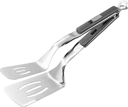 M METERXITY Spatula Tongs, 11.4 Inch 304 Stainless Steel Anti-Scald Multifunctional Flipper Grill Clamp for Cooking/Barbecue, Kitchen Cooking Tongs [Gray Handle, Silver Tone]
