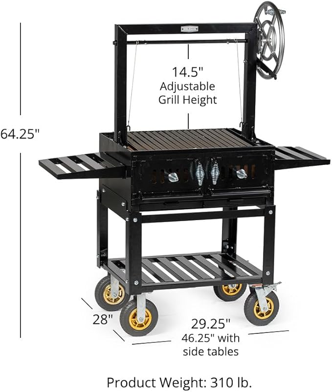 Ash & Ember Santa Maria Grill, Steel Wood & Charcoal Argentine Grill, Hand Wheel for Adjustable Heat Control, BBQ Grill with V-Grates & Grease Trap, Argentinian Grills with Bottom & Side Shelves