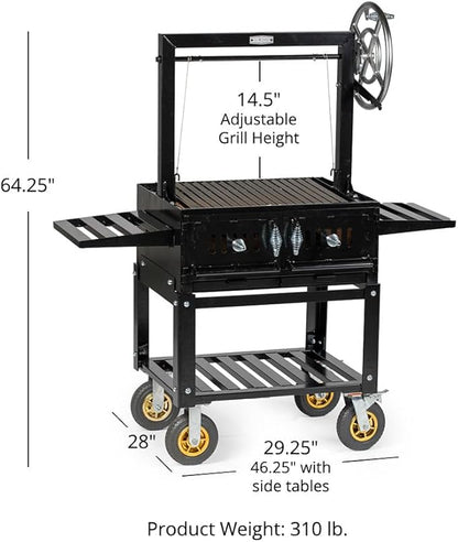 Ash & Ember Santa Maria Grill, Steel Wood & Charcoal Argentine Grill, Hand Wheel for Adjustable Heat Control, BBQ Grill with V-Grates & Grease Trap, Argentinian Grills with Bottom & Side Shelves