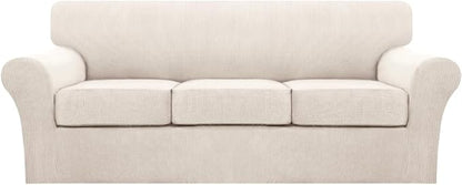 Turquoize 4 Piece Sofa Covers for 3 Cushion Couch Sofa Slipcover Soft Couch Cover for Dogs Washable Furniture Cover with 3 Individual Large Cushion Covers Feature Fabric (Large Sofa, Ivory)
