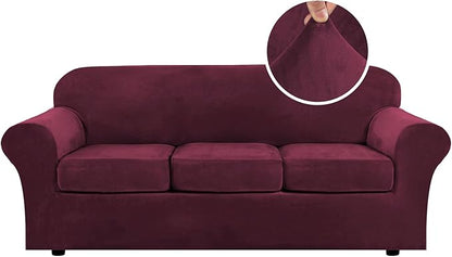 H.VERSAILTEX High Stretch Sofa Slipcover 4 Piece Cover Velvet Furniture Protector Form Fit Thick Velvet Extra Large Sofa Cover for 3 Cushion Couch Width Up to 97 Inch (Large Sofa, Wine/Burgundy)