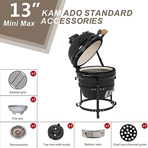 13inch Round Ceramic Charcoal Grill For Outdoor Fuel Efficient Fully Body Cooking Barbecue Grill with Wheels Thermometer (Ceramic Smoker)