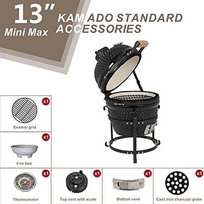13inch Round Ceramic Charcoal Grill For Outdoor Fuel Efficient Fully Body Cooking Barbecue Grill with Wheels Thermometer (Ceramic Smoker)