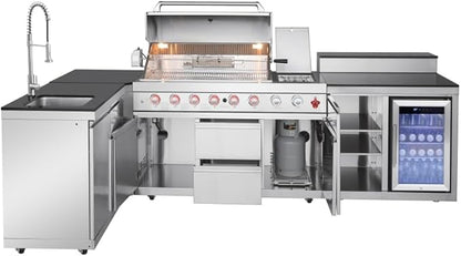 6-Burner 99000 BTU Stainless Steel Outdoor Kitchen Island Grill with Sink, Storage Cabinet, Refrigerator and Three-Tier Corner Cabinet