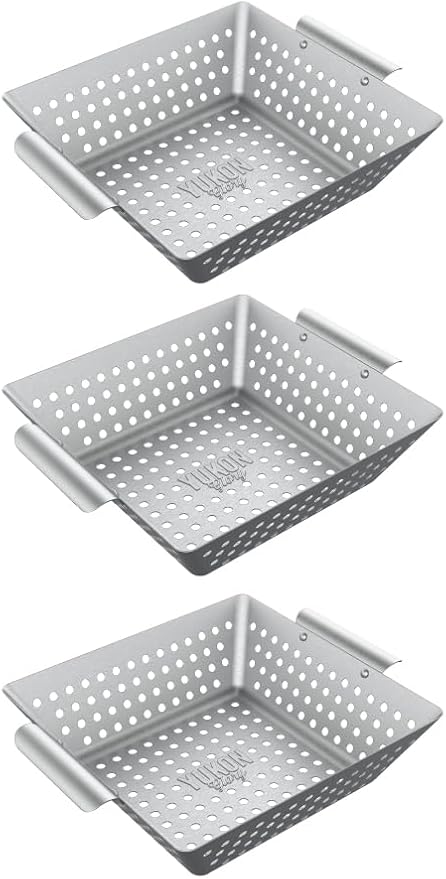 Yukon Glory™ Grilling Basket Set – 3-Piece 9x9x2 Stainless Steel Square Grill Baskets for Outdoor Grill – Perforated BBQ Grill Basket Perfect for Grilling Veggies, Seafood and Meats