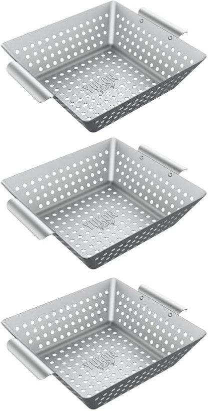 Yukon Glory™ Grilling Basket Set – 3-Piece 9x9x2 Stainless Steel Square Grill Baskets for Outdoor Grill – Perforated BBQ Grill Basket Perfect for Grilling Veggies, Seafood and Meats